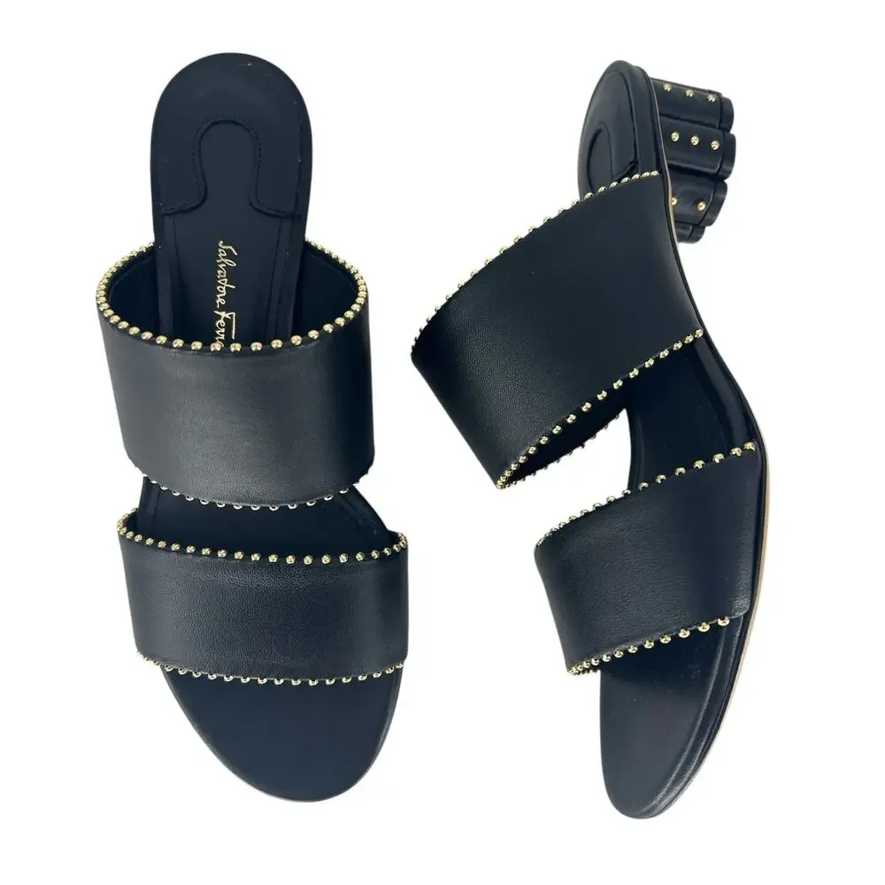 Salvatore Ferragamo Black Belluno Studs Slide Two-Strap Mule - Picture 2 of 14